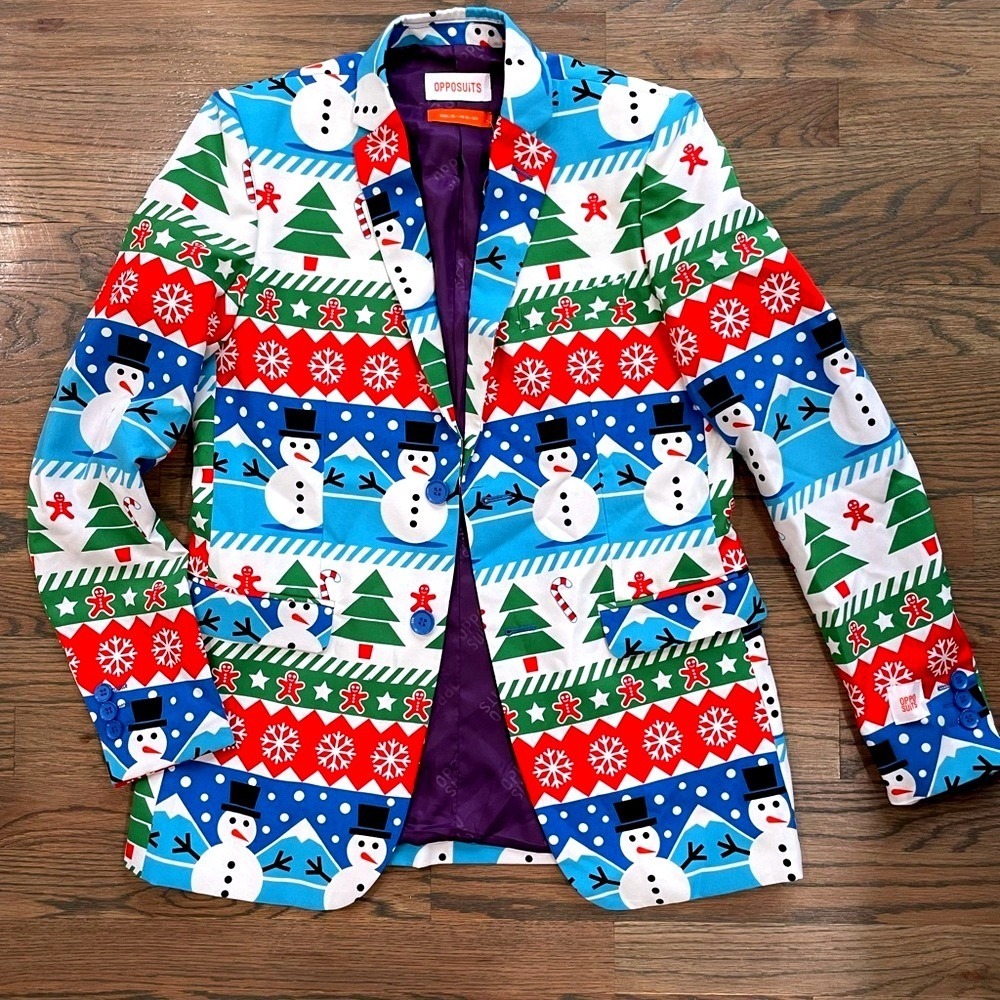 OppoSuits Mens Christmas Snowman Fair Isle Blazer Jacket Multicolored size 14 16